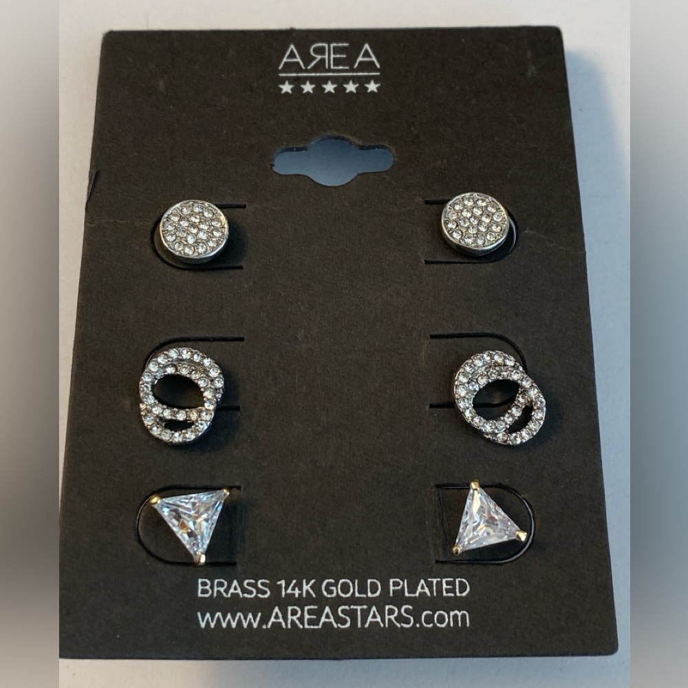 Area Stars Set of 3 Silver Tone Stud Earrings – Crystals (New with Tags)